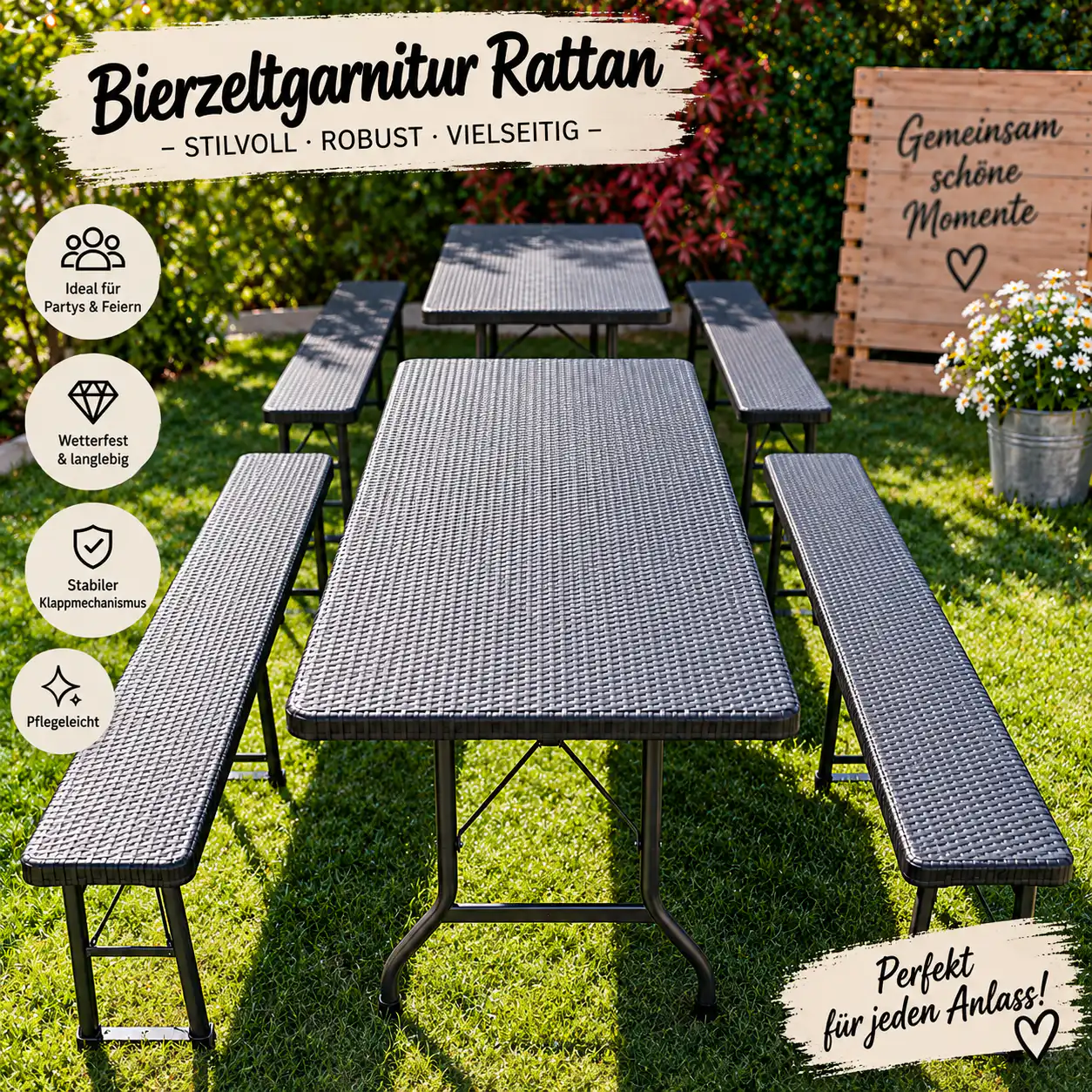Bierzeltgarnitur aus Rattan mieten